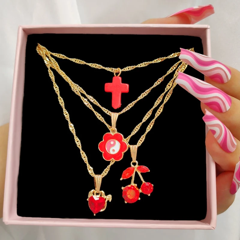 

Flatfoosie Trendy New Yin Yang Flowers Pendant Necklace For Women Multi-layer Cross Heart Crystal Clavicle Chain Boho Jewelry