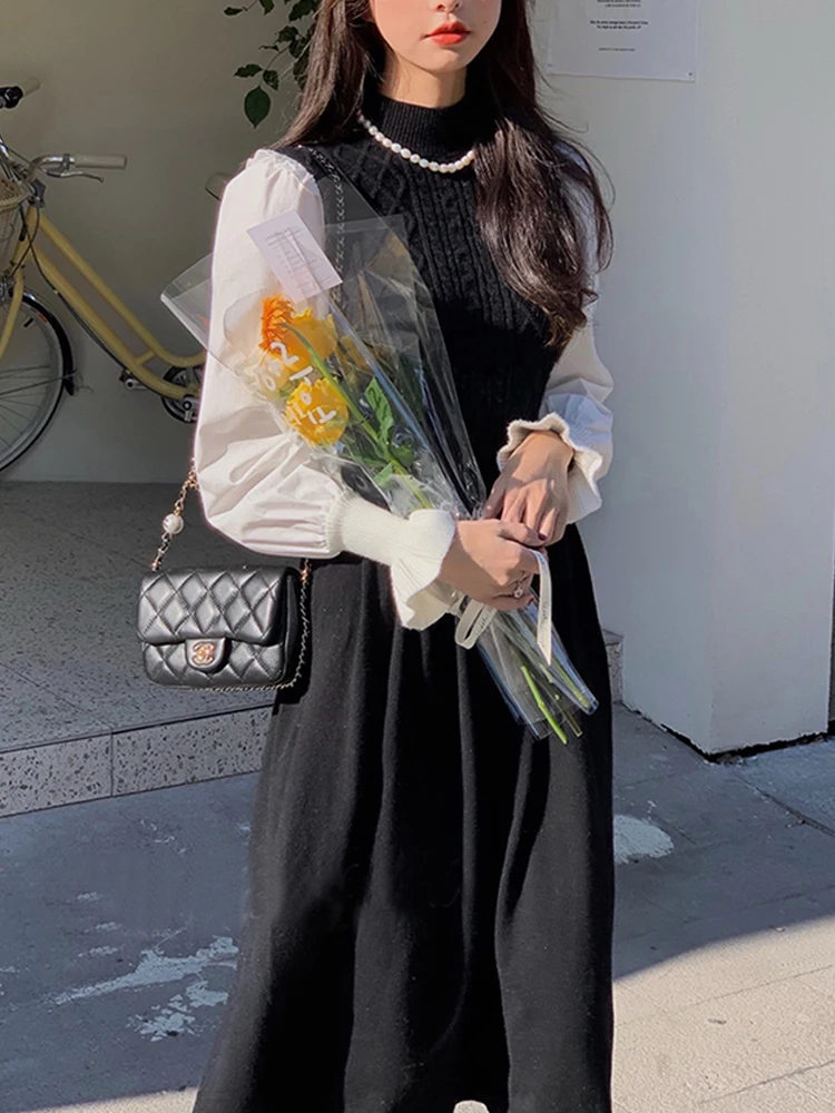 

Winter Knitted One-piece Dress Korean Petal Sleeve Turtleneck Sweater Dress Women 2020 Elegant Vintage Party Knit Dress Female