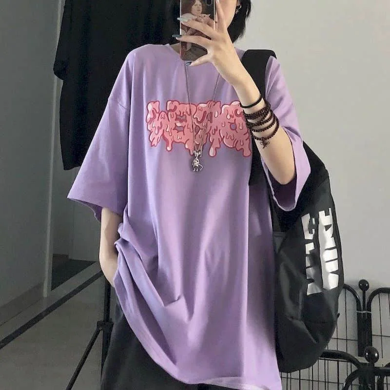 

2021 Summer New Graphic Tees Casual Top Loose Short Sleeve Korean Punk Sweatshirts Shirts for Women Oversized T Shirt Goth Tops