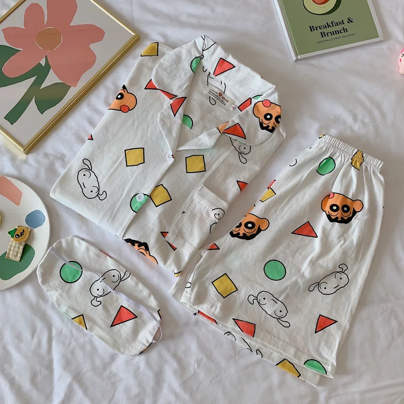 Anime Pijama Women Kawaii Homewear Crayon Print Short Tops Pants Casual Sleepwear Cute Shirts Summer New Pajama Student Cartoon