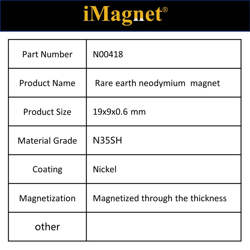 

N00418 20/100/500pcs N35SH Block Rare Earth Neodymium Magnet,19x9x0.6mm,Cuboid Ndfeb Magnet ,Magnet for refrigerator