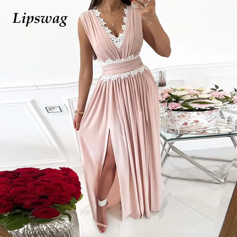 

Элегантное летнее праздничное платье без рукавов с высоким разрезом, повседневное женское ТРАПЕЦИЕВИДНОЕ ПЛАТЬЕ, женские сексуальные круж...