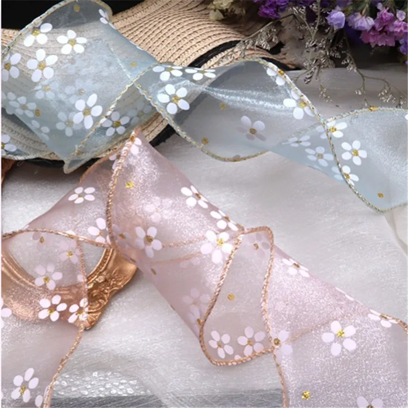 

5 yards Glitter Flower Printed Yarn Organza Stain Ribbon for Hair Accessories Bow Sewing Materials Gift Box Wrapping