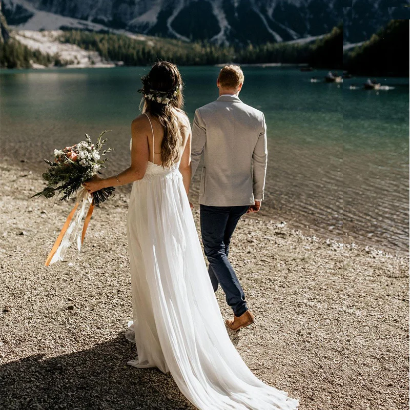 

Booma Spaghetti Straps Beach Wedding Dresses 2019 Robe de soiree Vintage Elegant Lace with Chiffon Bridal Gowns Plus Size