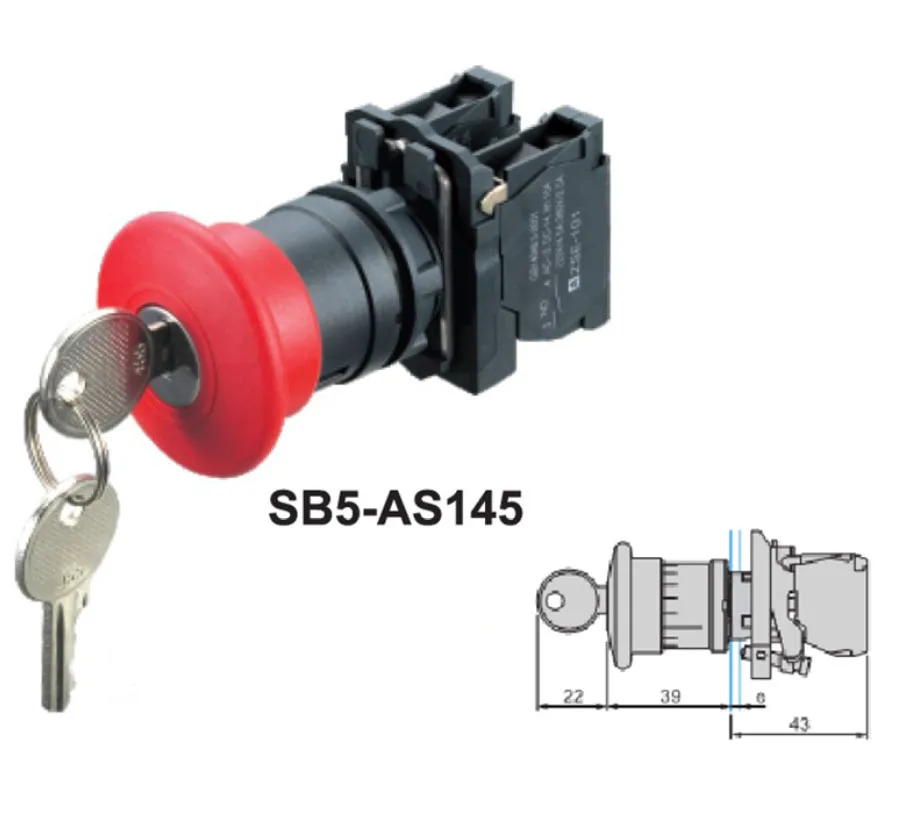 XB5-AS145 Водонепроницаемая Кнопка аварийной остановки с грибовидной головкой, кнопка возврата пружины