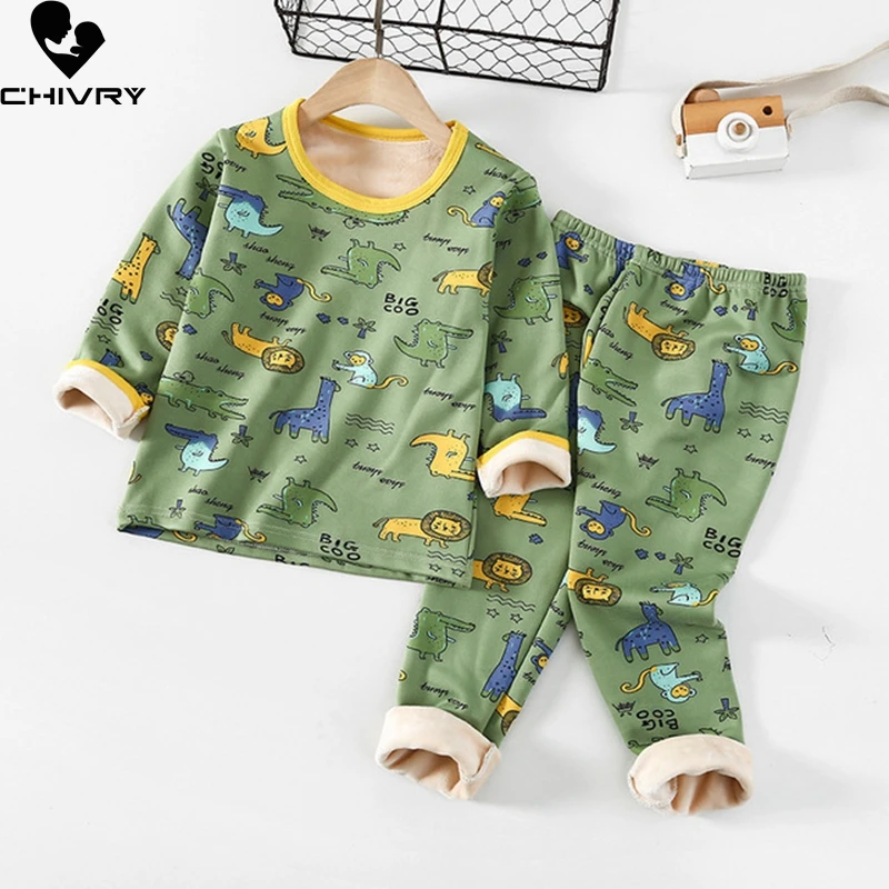 

Пижамный комплект для мальчиков, утепленный, с мультяшным принтом, футболка с круглым вырезом и штаны, зимняя теплая одежда для сна, 2020