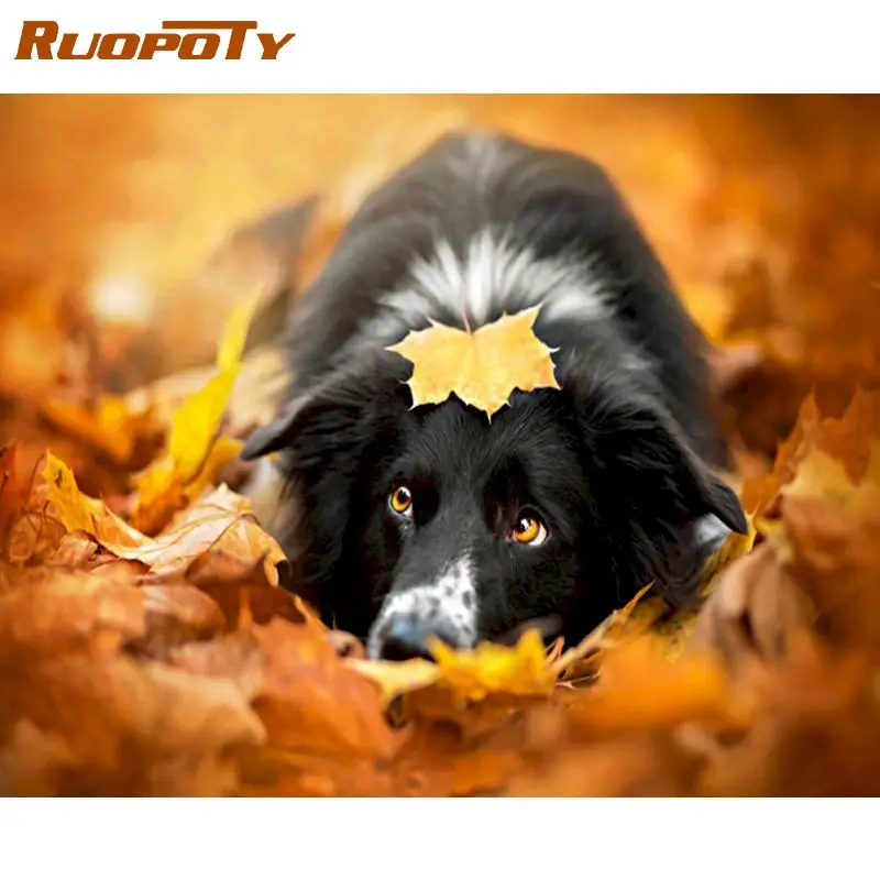 

RUOPOTY diy frame Maple Leaves Dog DIY Painting By Numbers Animals Calligraphy Painting Modern Wall Art Canvas For Home Decors