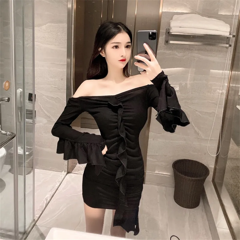 Новинка 2019 модное облегающее однотонное платье в стиле ретро с длинными рукавами