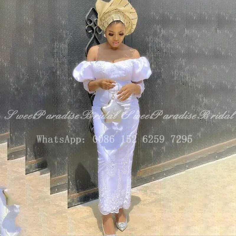 

2020 Ankle Length Lace Wedding Dress With Appliques 3/4 Long Sleeves Off Shoulder Nigeria African Women Bridal Dresses Vestidos