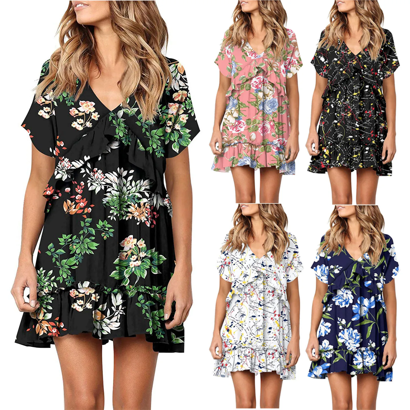 

Ladies Fashion Casual Loose V-neck Pullover Print Pleated Comfortable Dress A-Line Camisole Casual Printed Dress for Women 2021