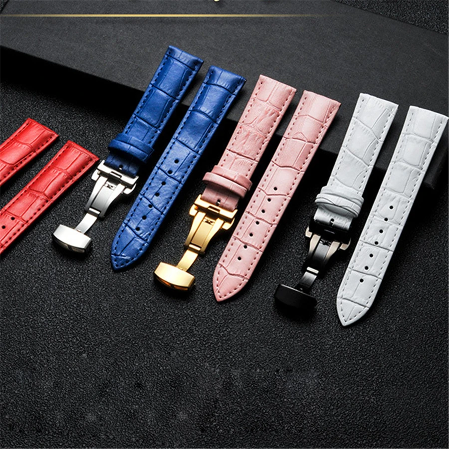 14mm 15mm 16mm 17mm 18mm 19/20/21/22/24 mm Colorful Butterfly Clasp Watchband Genuine Leather Watch Band Strap Stainless Steel | Наручные