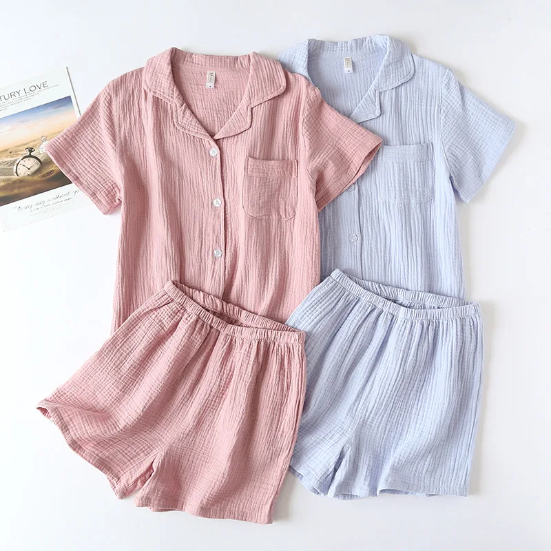 

New spring and summer couple pajamas short-sleeved shorts two-piece 100% cotton crepe men and women plus size home service set