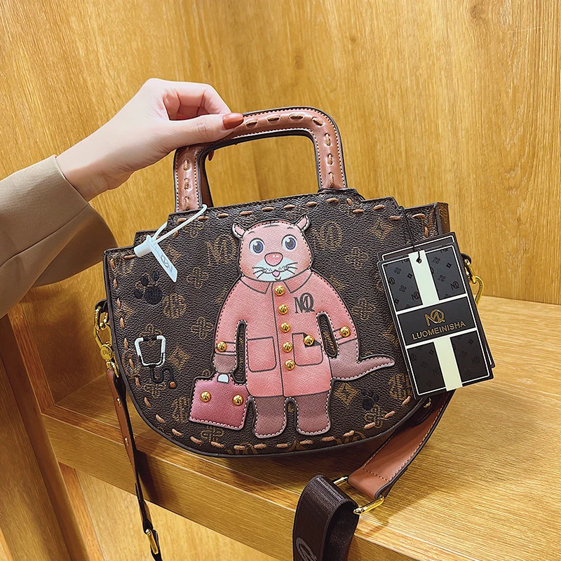 

Classic Luxury Handbags Designer Women Bag Semicircle Saddle Bags Female Tote Cartoon Bag Vintage Print Leather Crossbody Bags