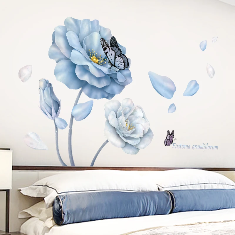 126*86cm Large Blue Flower Wall Stickers for Living room Bedroom Sofa Background Butterfly Vinyl Decal Eco-friendly Mural | Дом и сад