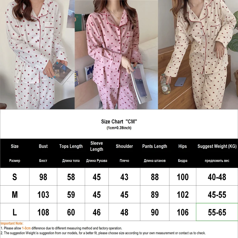 Heart-Printed Pajamas for Women Cute Home Suits Long-Sleeve Cotton Sleepwear Set Spring Pyjama with Pocket Turn-Down Collar 2pcs