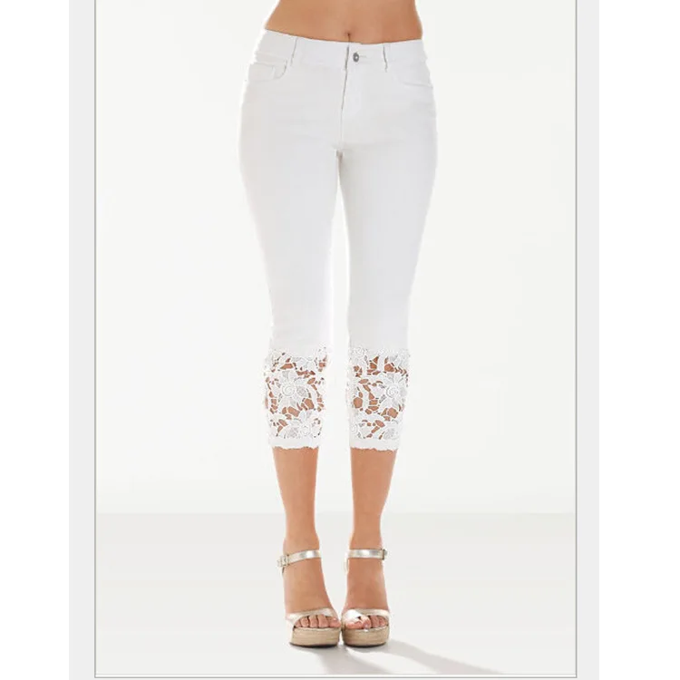 

2021 summer women's jeans washed lace women's jeans cropped pants women