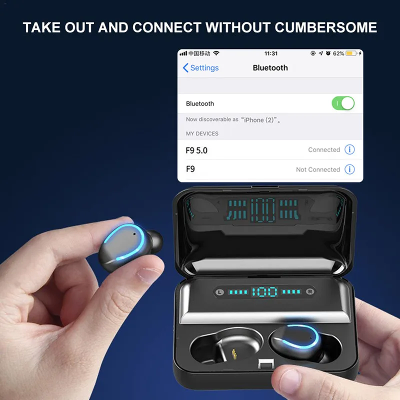 TWS F9 Bluetooth наушники 5 0 спортивная водонепроницаемая гарнитура музыкальные 3D