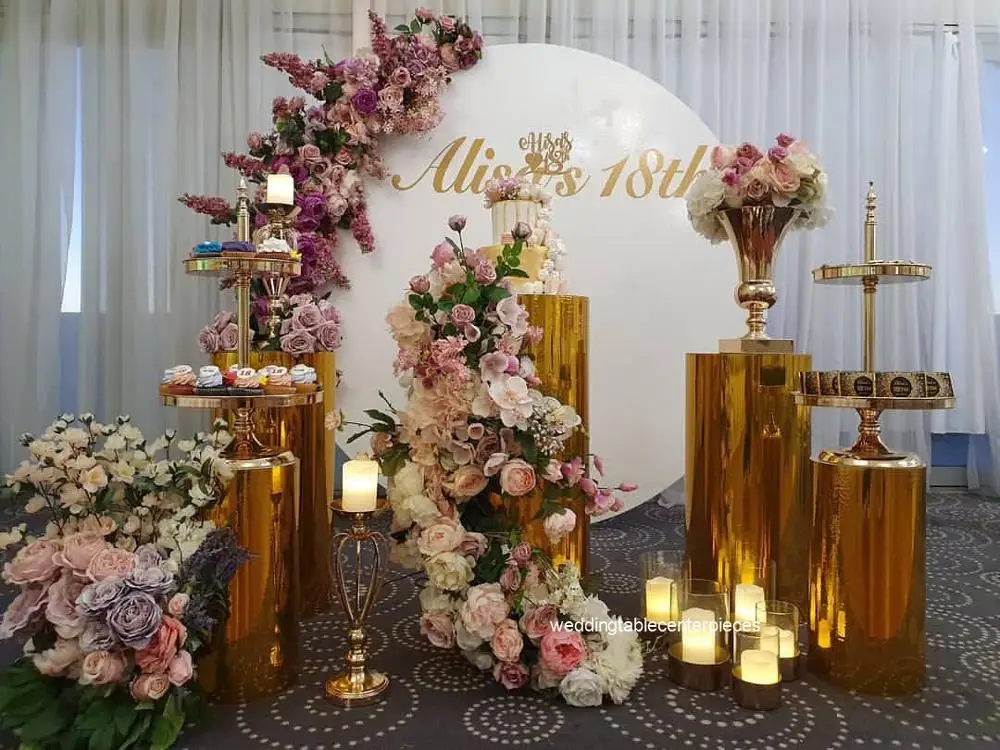 A & C набор из 5 круглых душевных золотых плинтусов Свадебный дисплей цветок backrop