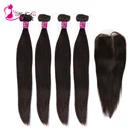 Ms Cat волосы прямые перуанские волосы пучки с закрытием Remy волосы плетение 4 пучка и кружева Закрытие человеческих волос пучки с закрытием