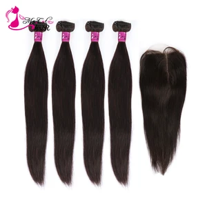 Ms Cat волосы прямые перуанские волосы пучки с закрытием Remy волосы плетение 4 пучка и кружева Закрытие человеческих волос пучки с закрытием