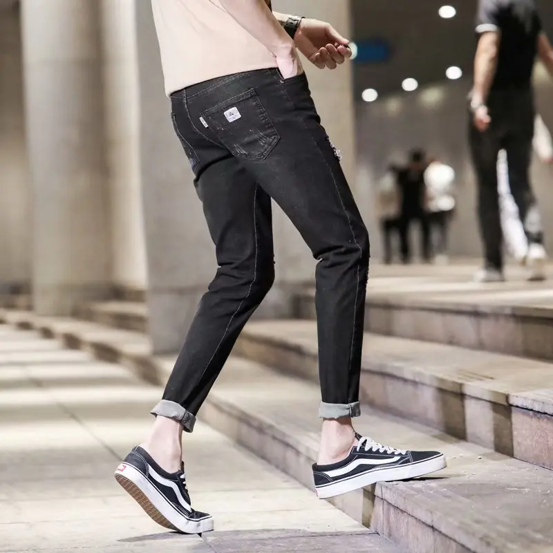 

2019 New Men's Skinny Jeans Black Denim Jeans New Fashion Men Pencil Pants Slim Jeans Men Ripped Ankle Length Jeans