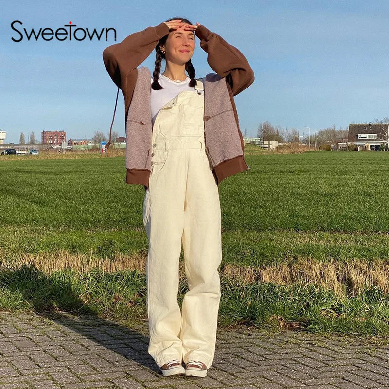 Sweetown Wide Leg Denim Straps Jumpsuit Women Streetwear Retro Casual Baggy Overalls Female Korean Fashion One Piece Tracksuits
