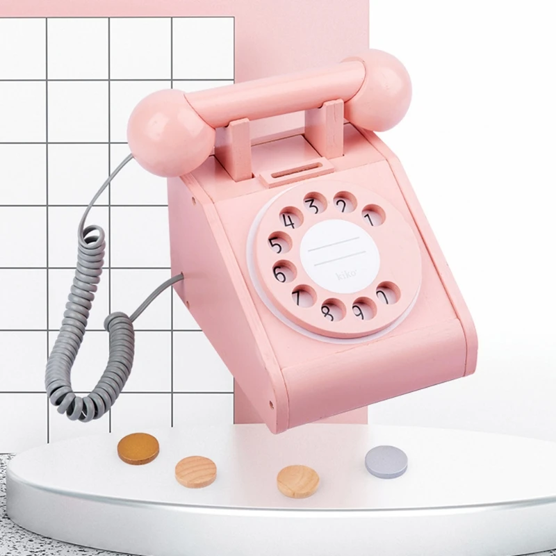 

Imitation Wooden Children's Play House Landline Telephone, Interactive Bank Antique Dial Telephone Toy for Toddlers