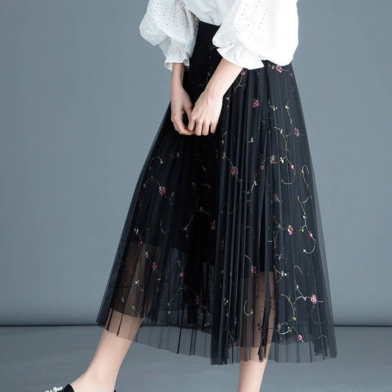 

Fashion Pleated Embroidered A-line Mesh Long Skirt Elegant Slim High-waisted Tulle Skirts Casual Summer Sweet Pleated Skirt 2021