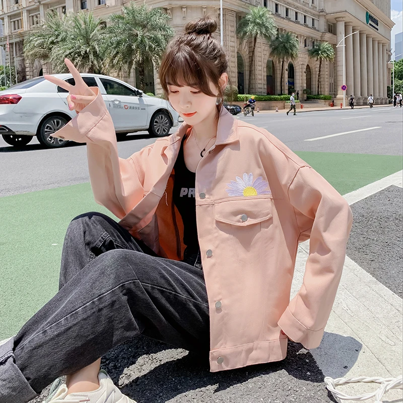 

Women Denim Jacket Feminine Spring Autumn Daisy Flower Coat Long Sleeve Loose Outerwear Jean Jackets Casual Tops Purple Pink
