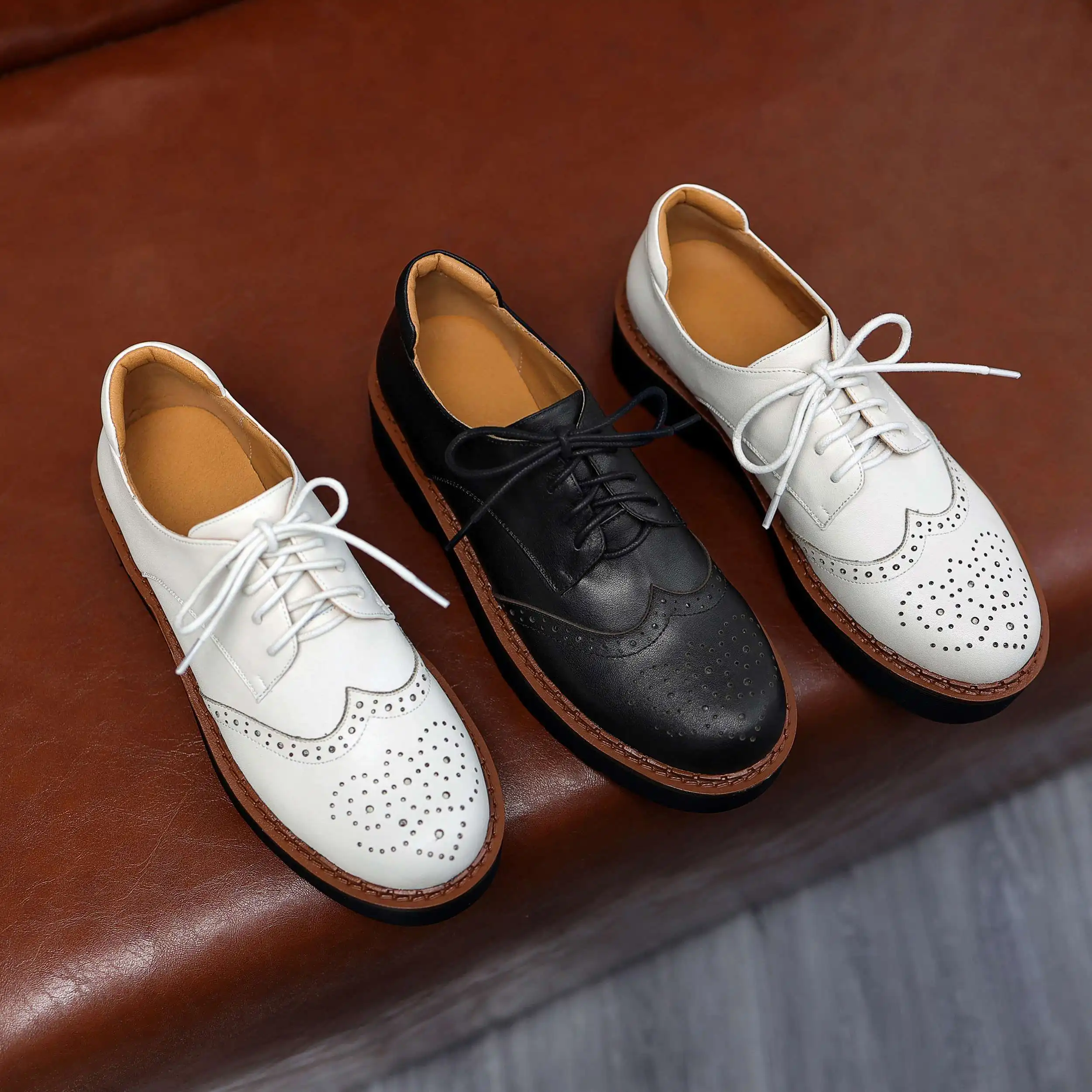 

Krazing pot genuine leather round toe med heel British style classic colors cross-tied young lady streetwear women pumps L7f1