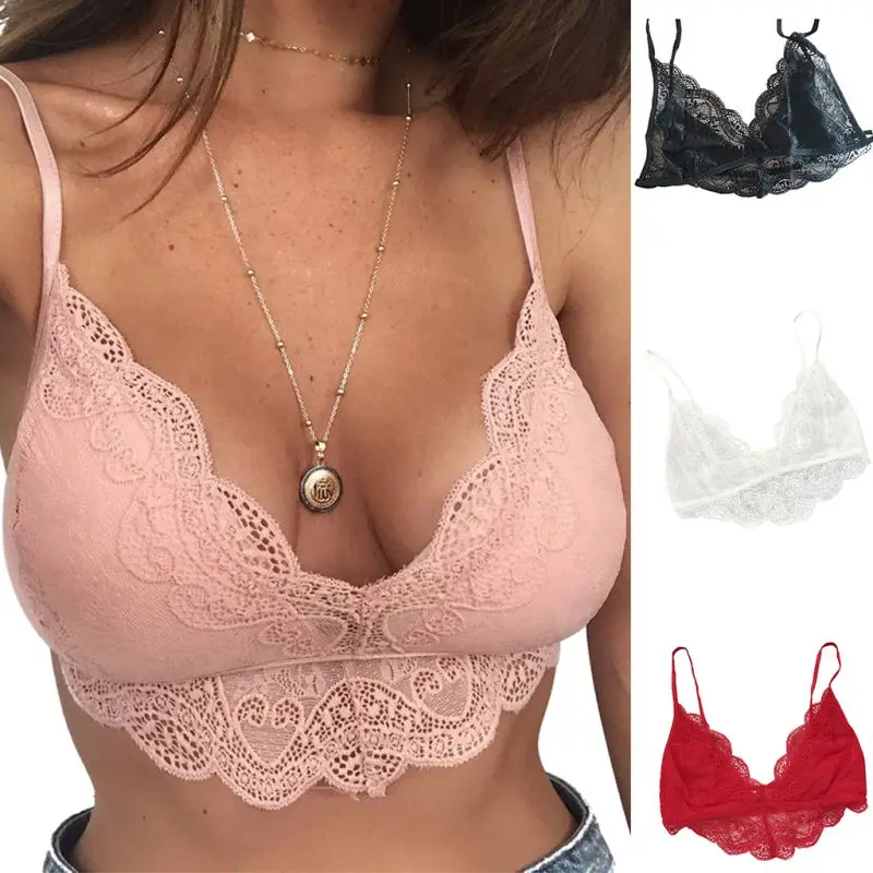 

Lace Side Sexy Bra For Women Low Cut Deep-V Spaghetti Strap Wire Free Sexy Bralette