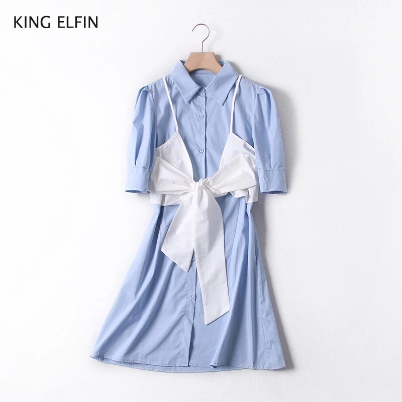 Женское однобортное платье с бантом KING ELFIN летнее синее для отдыха 2020|Женские