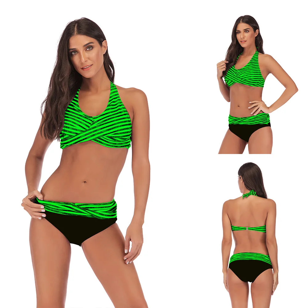 

New Women's Plus Size Bikini Set Striped Print Bra And Panties Swimsuit Two-Piece Beach Vacation Swimming Women Swimsuit