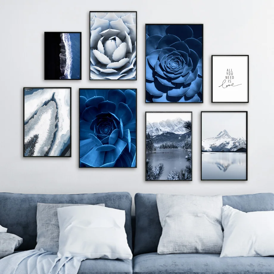 

Blue Succulents Coastline Snow Mountain Wall Art Canvas Painting Nordic Posters and Prints Wall Pictures for Living Room Decor