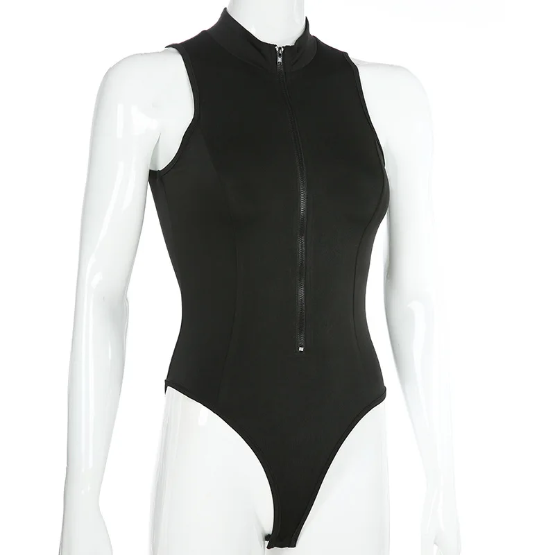 Сексуальный комбинезон на молнии с воротником стойкой женский облегающий боди