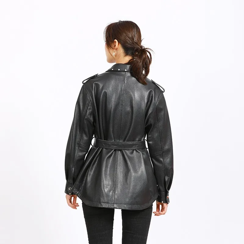 

Women Motorcycle Autumn Genuine Leather Jacket Punk Rivets Belt Single Breasted Sheepskin Coat High Quality Female Outerwear New