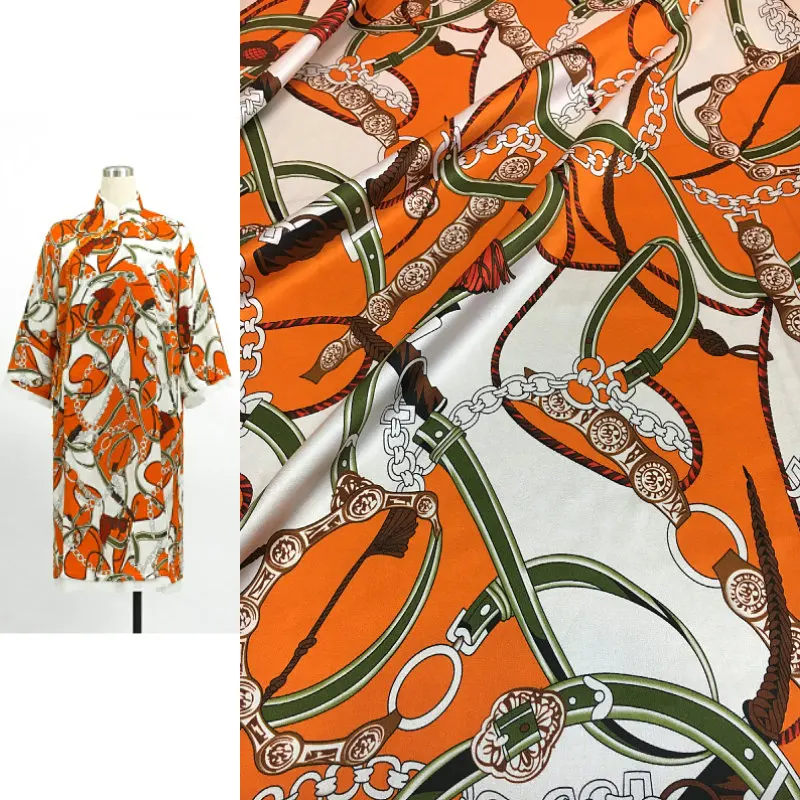 

Silk stretch satin fabric European and American brand new orange chain printing mulberry silk sewing fabric for dress