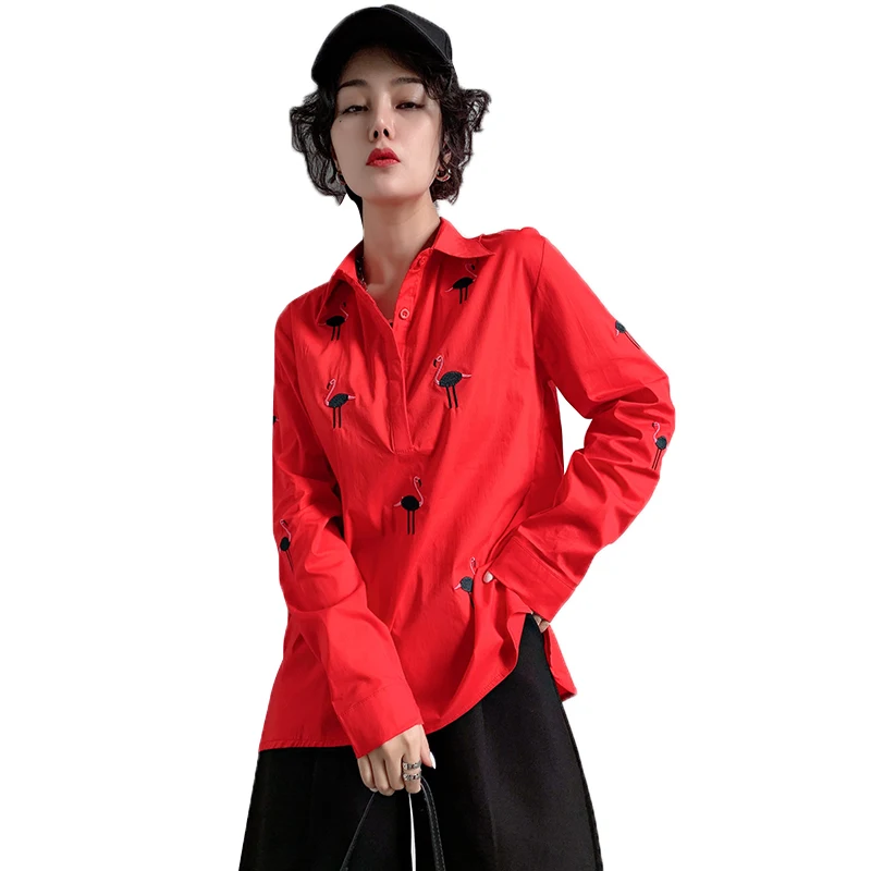 

Vintage Embroidered Shirt Ladies Long Sleeve Loose Red Women's Shirts Casual Cotton Ladies Blouse Spring 2021