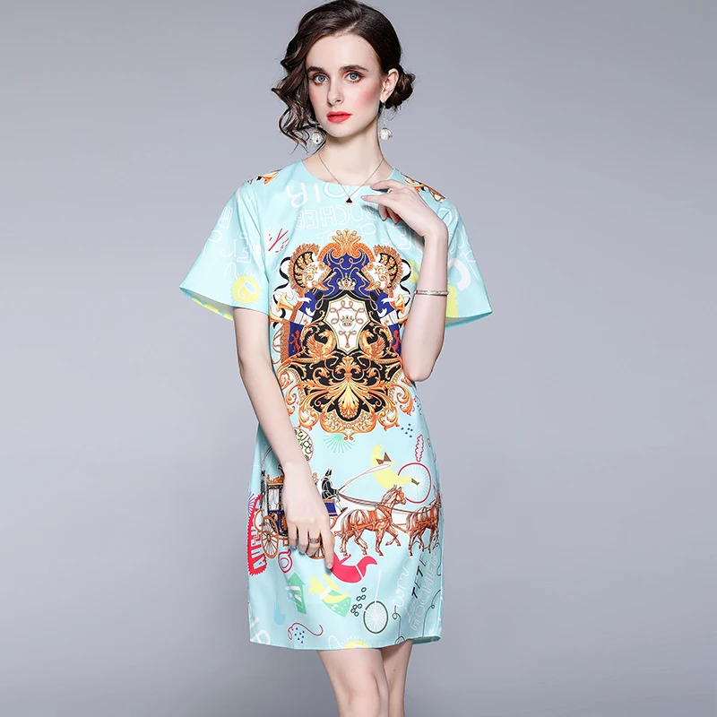 

2022 Women's Summer Dress French Court Style Round Neck Print Short Dress New Female Short-sleeved Dresses X472