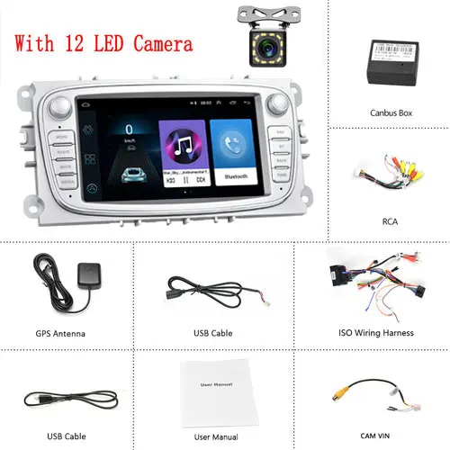 Silver 12 LED Camera Camecho 2 DIN 7 ''Android 8,1 Автомобильный мультимедийный плеер gps автомобильный Радио Wifi Автомобильный плеер для Ford/Focus/S-Max/Mondeo 9/Galaxy/C-Max - Цвет: Silver 12 LED Camera