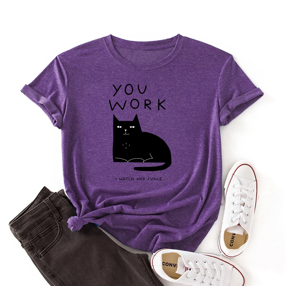 

Women Crew Neck Short Sleeve Casual Summer Cotton T-shirts Graphic Tee Shirts Tops Female Clothes You Work Cat Shirts for Woman