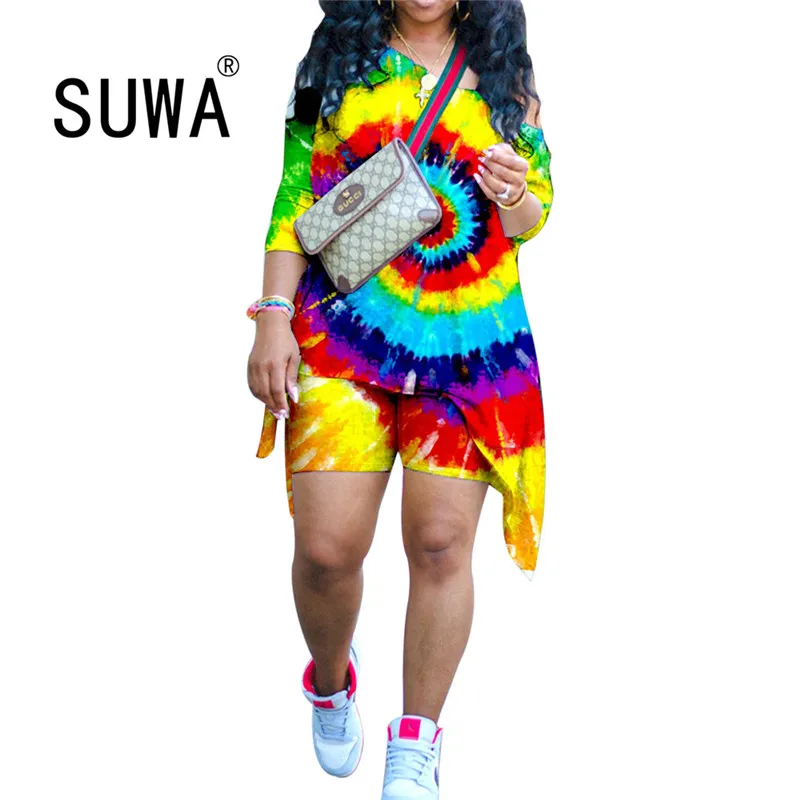 

Women Fashion Clothes Off Shoulder Long Tops&Short Pants Tie Dye Matching Sets Elegant Casual Streetwear 2 Piece Set Summer