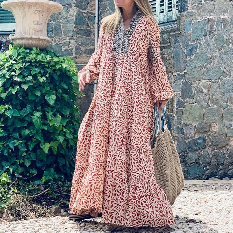 Осенне-весеннее женское богемное платье в пол свободное большого размера с