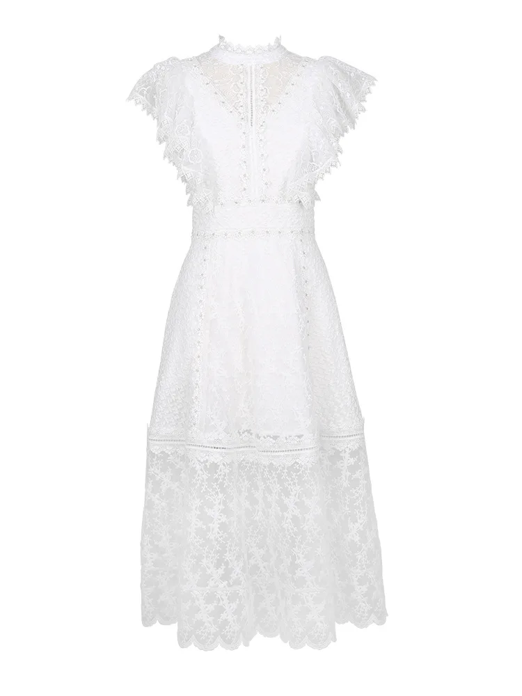 

Vintage Simple white Dress Women 2021 Summer White Fairy Retro Mid-calf Lace Dress High Waist Slimming Elegant Dress Feminine