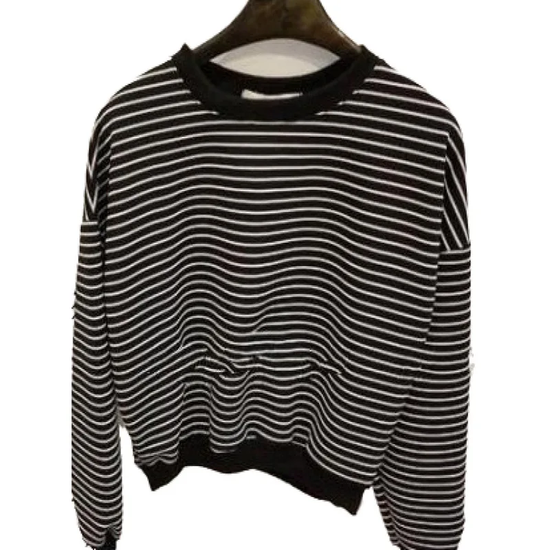 

Spring short style with long sleeve round neck black and white stripe undercoat