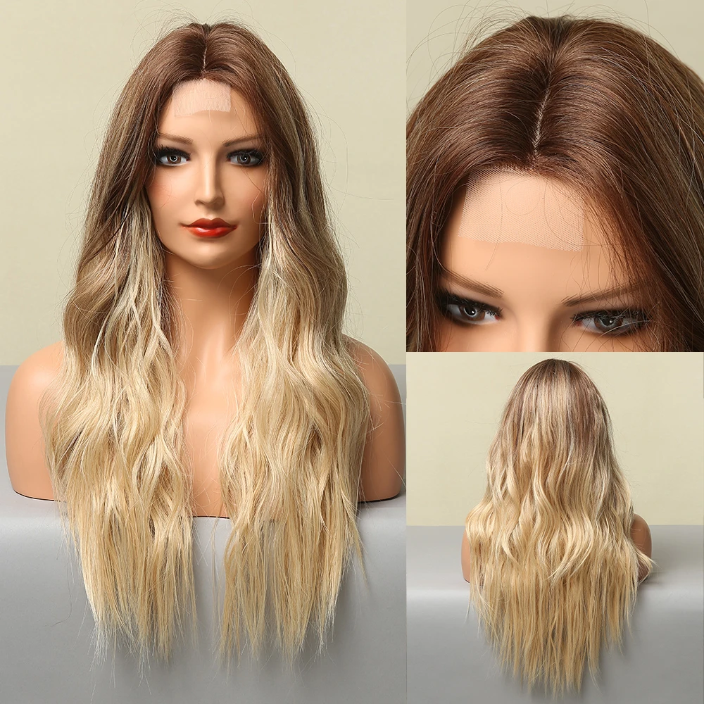 

HENRY MARGU Ombre Brown Blonde Lace Front Synthetic Hair Wig Golden Long Wavy Lace Wig for Women Heat Resistant Cosplay Wig