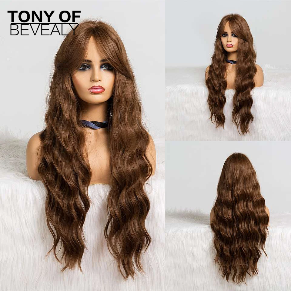 Длинные волнистые коричневые парики с эффектом омбре и челкой термостойкие