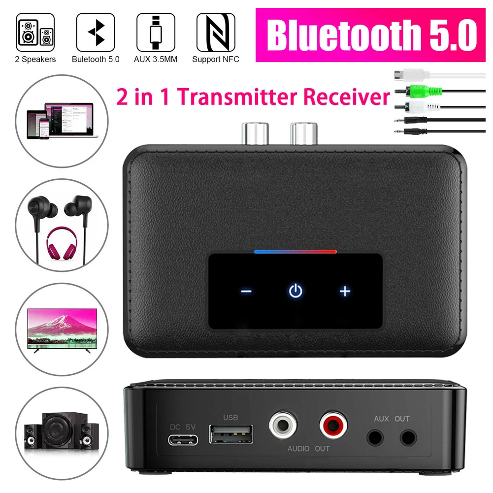 

New Hot Bluetooth 5.0 Transmitter Receiver Wireless 3.5mm AUX NFC To 2 RCA Audio Adapter 2 In 1 Transmitter Receiver Support NFC