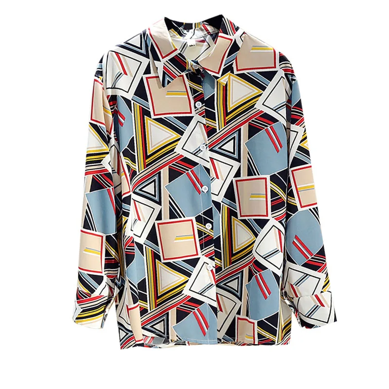 

Spring Autumn Women's Blouse Korean Style Contrast Color Geometric Printing Long-sleeved Shirt Chiffon Loose Female Tops GX315