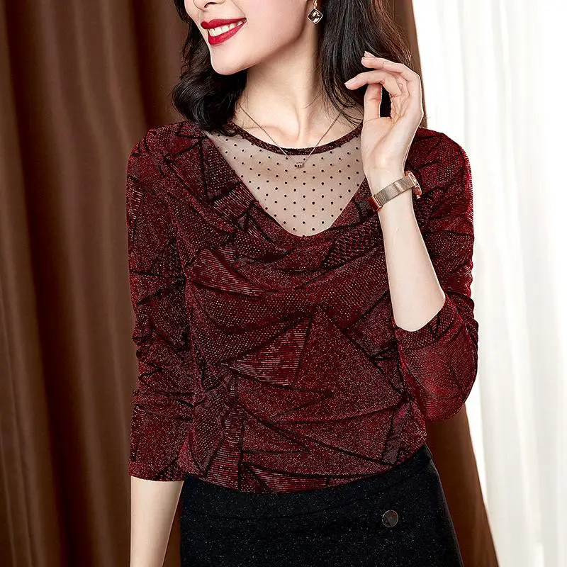 

Sexy gauze pactchwork women pullover tops Shiny knitted printed autumn spring long sleeve Geometric lines slim fit office lady